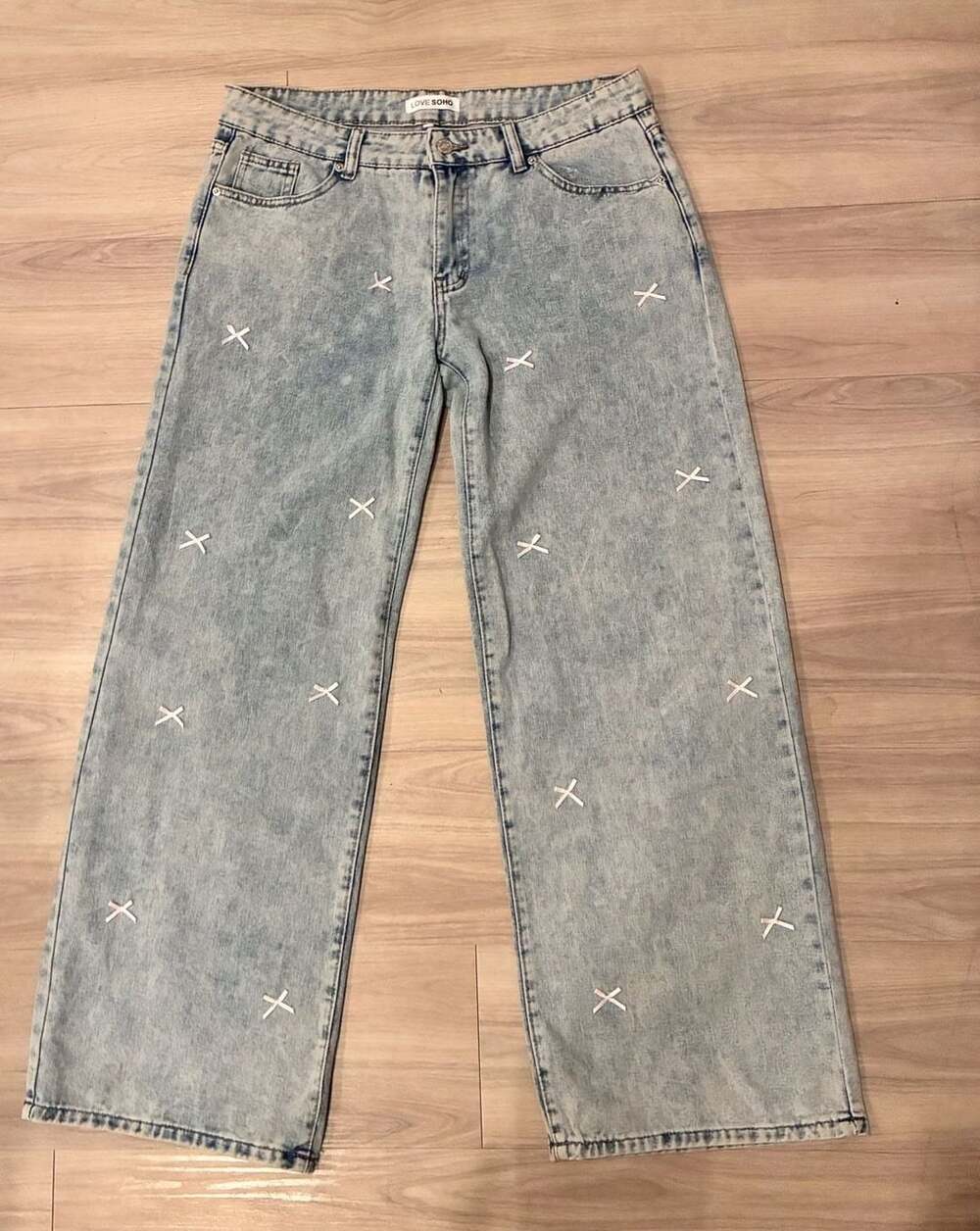 Love Soho Wide Leg Jeans Size 13 Acid Wash Pink Bows